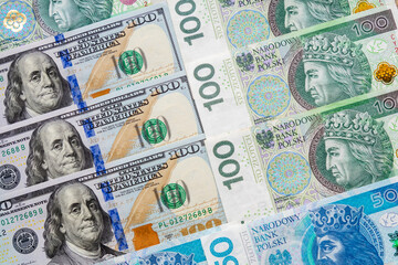 Fototapeta na wymiar Conceptual image of banknotes of the Republic of Poland and the USA. Currency exchange.