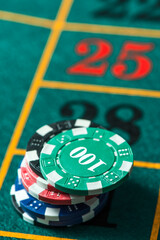 Casino Chips on Roulette Table. Closeup View