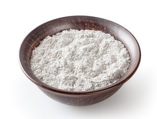 Rye flour in ceramic bowl isolated on white background with clipping path