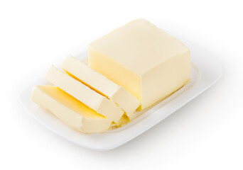 Butter on white butter dish isolated on white background with clipping path