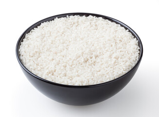 Fototapeta na wymiar Uncooked round rice in black bowl isolated on white background with clipping path