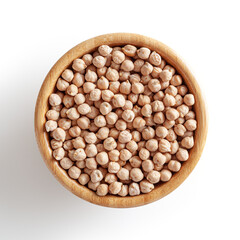 Uncooked chick pea in wooden bowl isolated on white background with clipping path