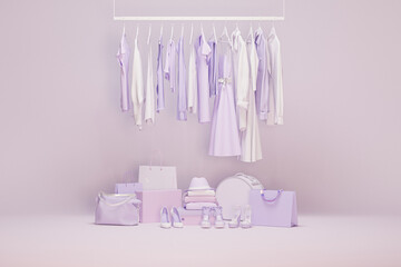 Clothes on grunge background, shelf on purple background. Collection of clothes hanging on a rack in coral pink colors. 3d rendering, store and bedroom concept	