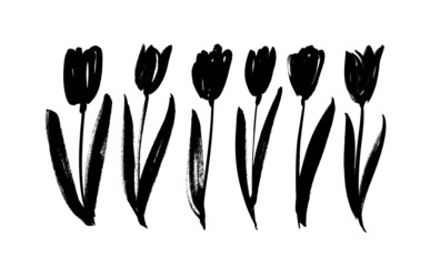 Black silhouettes of tulips. Hand drawn dry brush style flowers. Black vector brushstrokes. Floral clip art elements. Branches, leaves and buds. Collection of hand drawn graphic tulips. 