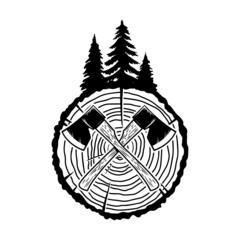 Crossed lumberjack axes with wood cut. Design element for logo, emblem, sign, poster, t shirt. Vector illustration