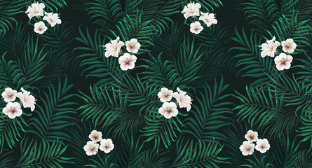 Tropical exotic seamless pattern with white flowers in tropical leaves. Hand-drawn 3D illustration. Good for design wallpapers, fabric printing, wrapping paper, cloth, notebook covers.