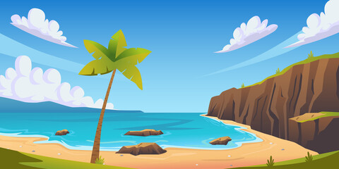 Fototapeta na wymiar Tropical beach coastline landscape nature scene with palm tree, sand, and mountain for relax holiday leisure