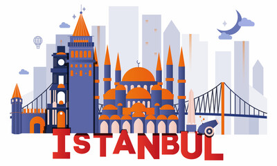 Istanbul culture travel set, famous architectures and specialties in flat design. Business travel and tourism concept isolated on white background. Image for presentation, banner, website, app, advert