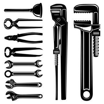 Set of plumber tools in vintage monochrome style. Design element for poster, card, banner, logo. Vector illustration