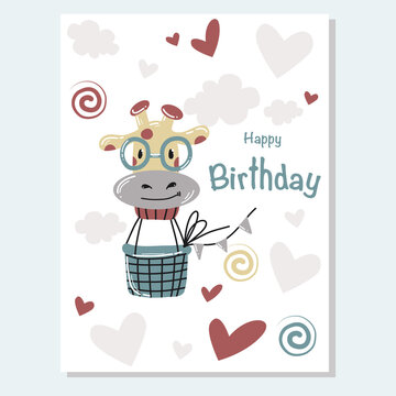 Vector cute baby card or birhday with giraffe face air balloon and clouds, heart on white background
