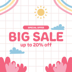 Big sale kid children baby cute social media poster template with pink pastel color and abstract memphis element.