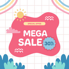 Mega sale discount offer promotion for kid children baby newborn with pink pastel and fun abstract memphis element