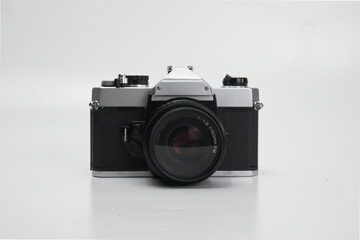 Close up of old camera isolated with white background. Vintage camera. Photography equipment
