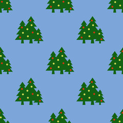 Seamless pattern. Image of green Christmas trees with balls on blue blue background. Symbol of New Year and Christmas. Template for applying to surface. 3D image. 3d rendering