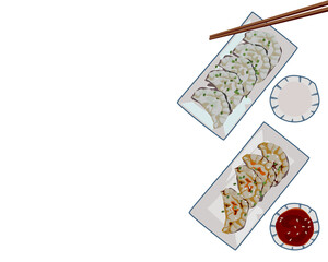 steamed dumplings with chilly sauce and vegetables dumpling plate and chopsticks. Isolated dumpling on white background. Asian food vector illustration. Chinese new year menu.
