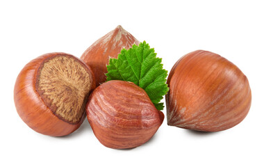 hazelnuts with green leaf isolated on white background macro. clipping path