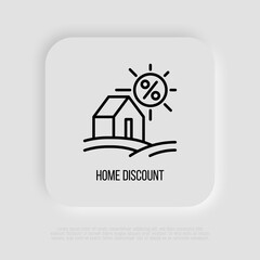 Fototapeta na wymiar Home discount thin line icon. Real estate sale. Price fall. Modern vector illustration.
