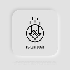 Percent down thin line icon. Special offer, sale. Cost reduction. Modern vector illustration.