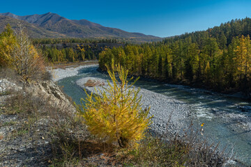 Autumn view of the Irkut River in the Eastern Sayan Mountains