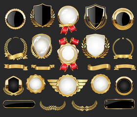 Collection of Golden badges labels laurels shield and metal plates