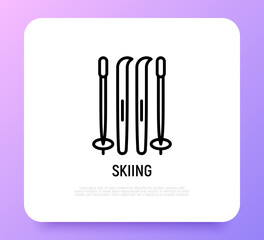 Skiing thin line icon. Modern vector illustration of winter sport equipment.