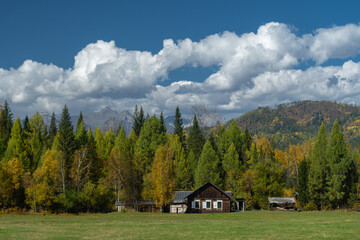 Rural wooden house in the forest on the background of the Sayan mountains
