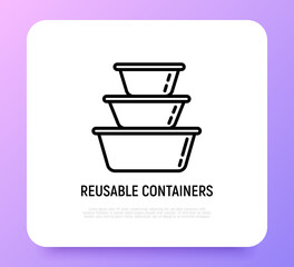 Reusable lunch containers thin line icons. Zero waste. Modern vector illustration.