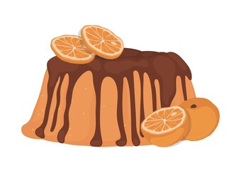 Orange pudding with chocolate icing. Chocolate cake.
