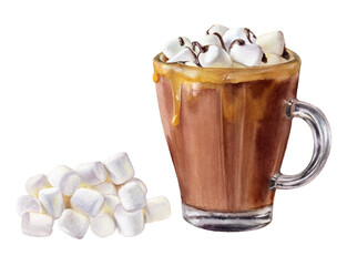 Hot chocolate with marshmallows watercolor illustration isolated on white background