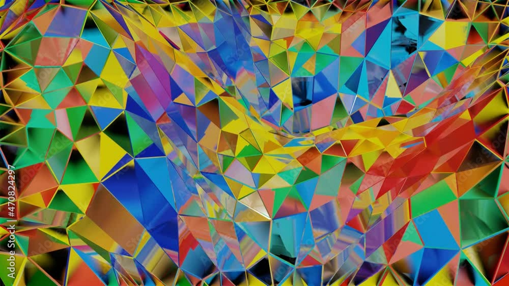 Poster rainbow low poly mesh moves on a black background. looped animated background. 3d render