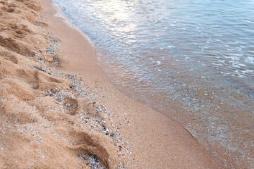Tropical clear crystal light blue Beach wave scene at seashore or seaside in early morning