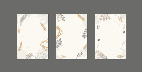 Set of abstract backgrounds, templates in trendy earthy colors. Modern design with linear floral illustrations and abstract shapes with texture. Covered under mask, easy to use.