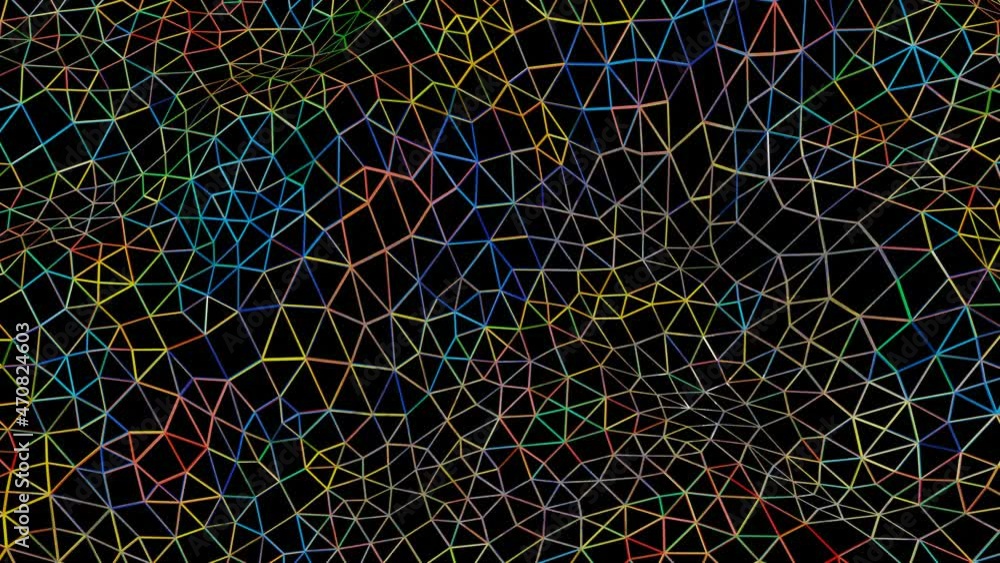 Poster rainbow low poly mesh moves on a black background. looped animated background. 3d render