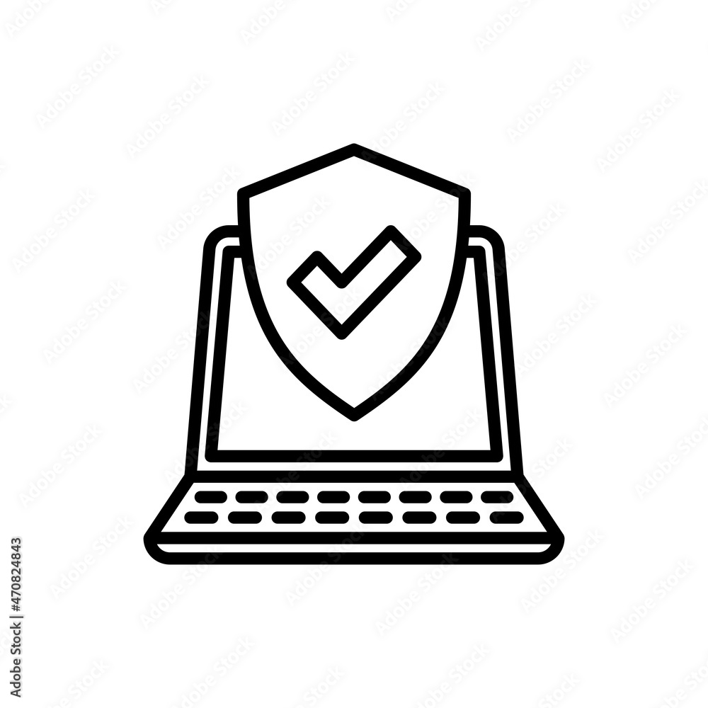 Poster computer security thin line icon: shield with tick on laptop screen. modern vector illustration.
