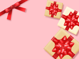 プレゼントボックスのフレームカード（赤いリボン）シンプルピンク背景