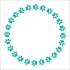 Turquoise animal paw prints round frame with empty space for text.