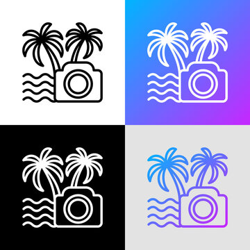 Travel blog thin line icon: camera, sea, palm trees. Modern vector illustration of filming vacations.