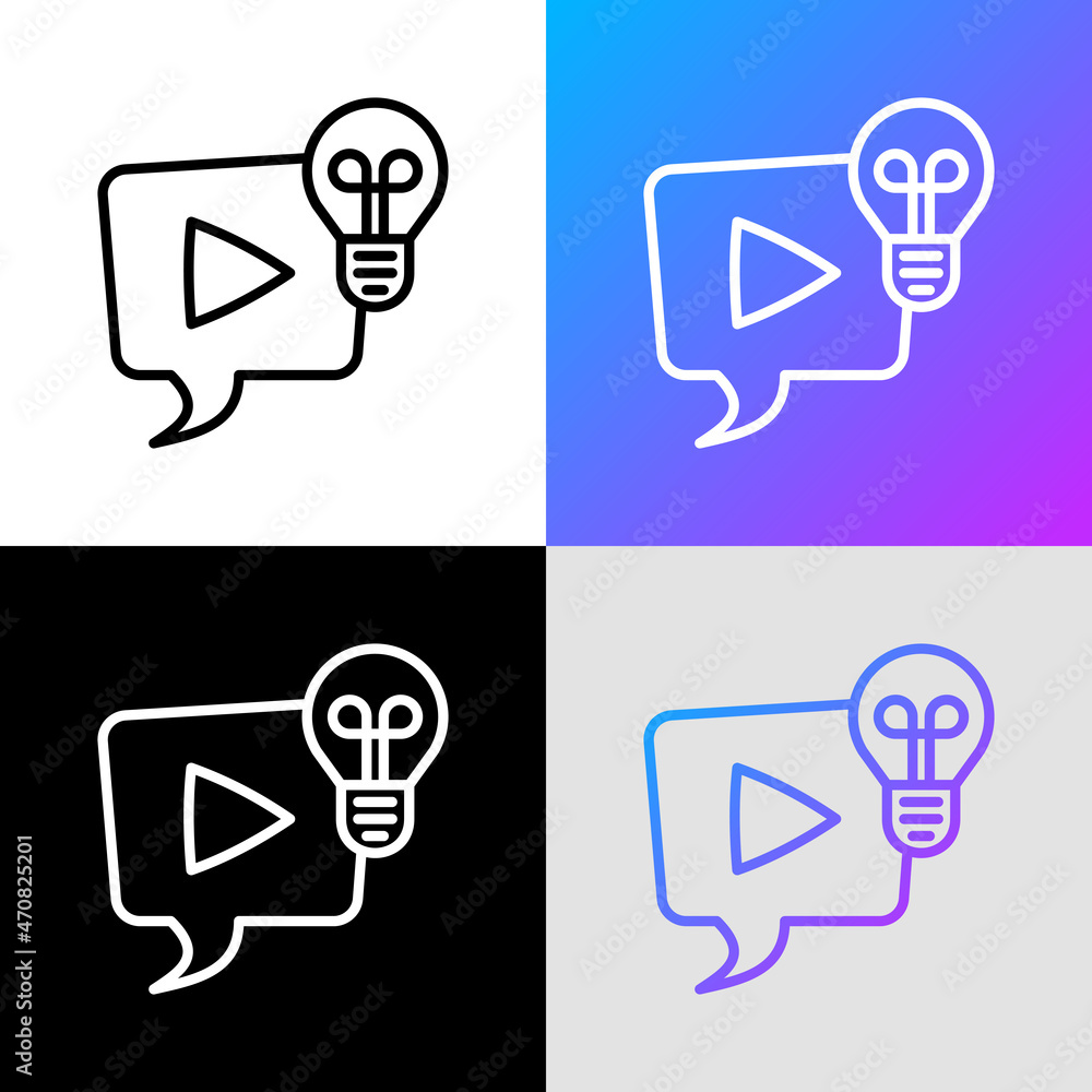 Poster tips and tricks thin line icon. video with interesting and helpful ideas: speech bubble with play bu