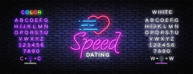 Speed Dating Neon Text Vector. Beautiful template for banner design. Modern speed dating, great design for any purposes. Love symbol. Editing text neon sign - obrazy, fototapety, plakaty