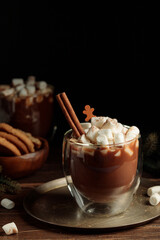 Hot cocoa with marshmallows and cinnamon in a glass, on a round copper tray, cookies and fir branches in the background.
