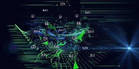 Abstract technology background with polygonal grid analyze and light star. Analytics algorithms data. Quantum cryptography concept. Big data. Banner for business, science and technology.
