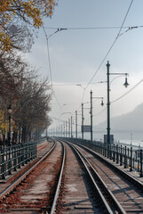 Fototapeta premium Tram rails in Budapest, beautiful autumn cityscape