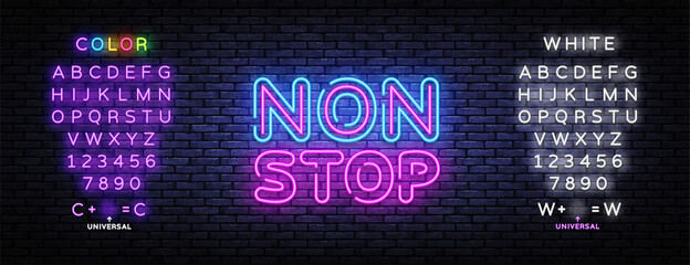 Non Stop neon sign vector design template. Non Stop neon text, light banner, design element, night bright advertising, bright sign. Vector illustration. Editing text neon sign