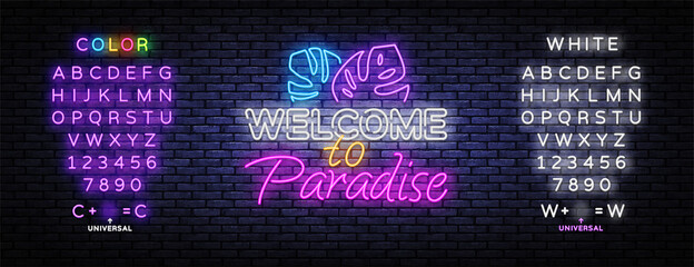 Neon illustration with welcome to paradise. Welcome to Paradise neon sign vector. Vector illustration design. Print, poster, banner. Editing text neon sign