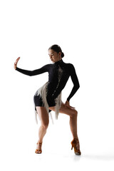 Obraz premium Full-length portrait of young graceful beautiful dancer, flexible woman dancing ballroom dance isolated on white studio background.
