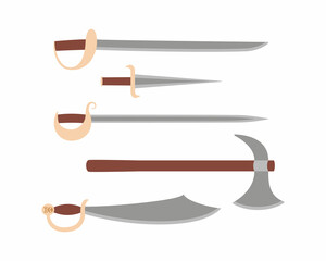A set of ancient fantasy pirate weapons. Saber, cutlass, dagger, boarding axe. Vector illustration in flat style.