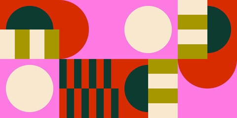 Modern vector abstract  geometric background with circles, rectangles and squares  in retro scandinavian style. Pastel colored simple shapes graphic pattern. Abstract mosaic artwork.