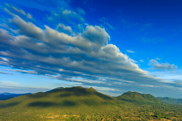 World environment day concept: Green mountains and beautiful blue sky clouds 