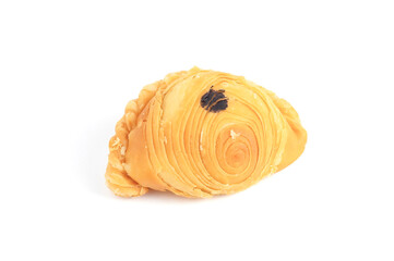 An image isolated one curry puff is spicy flavour food or meal bakery crunchy from Indian or Asia on white background.