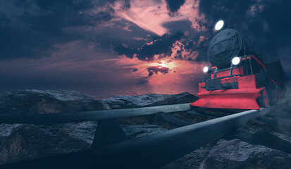 Evening fantasy landscape with train at neon sunset. Vintage train close-up. Smoke, smog, stones on the railroad. 